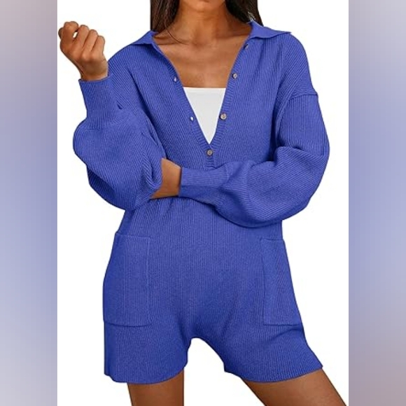 Sweater Romper One Piece Jumpsuit Button Casual Knit Long Sleeve Short Outfit - Picture 1 of 6